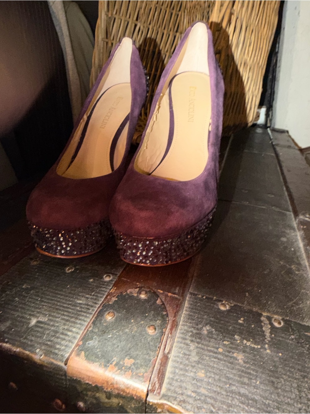 Santoni Purple Suede Crystal-Embellished Platform Pump - Women's